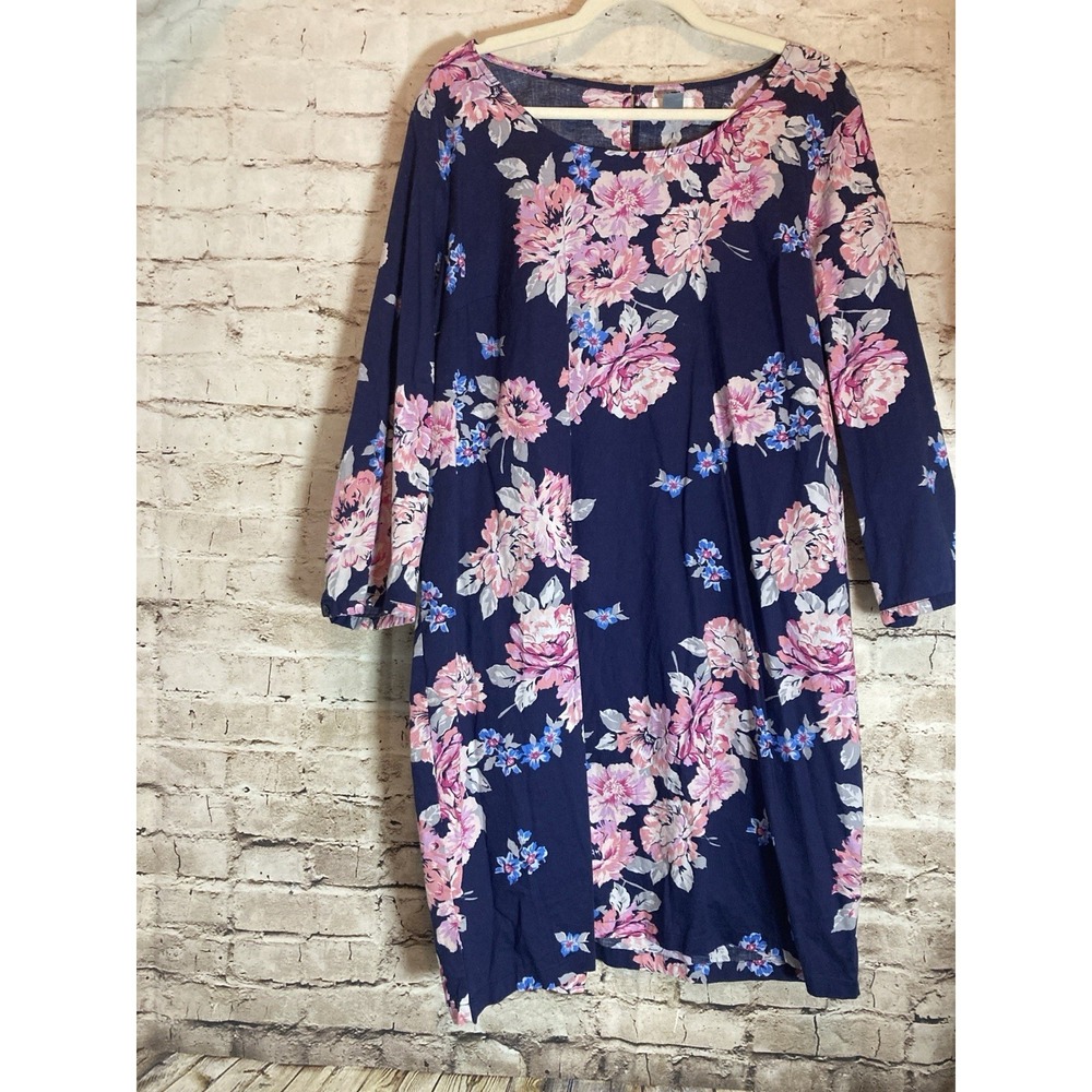 Old Navy Dress XL Navy & Pink Rose Print Lightweight Cotton Long sleeve Shift
